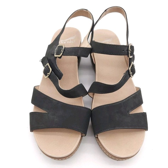 Dansko (Womens EU 41) Angela Sandal Black Nubuck Leather Strappy Wedge Open Toe - Picture 2 of 7